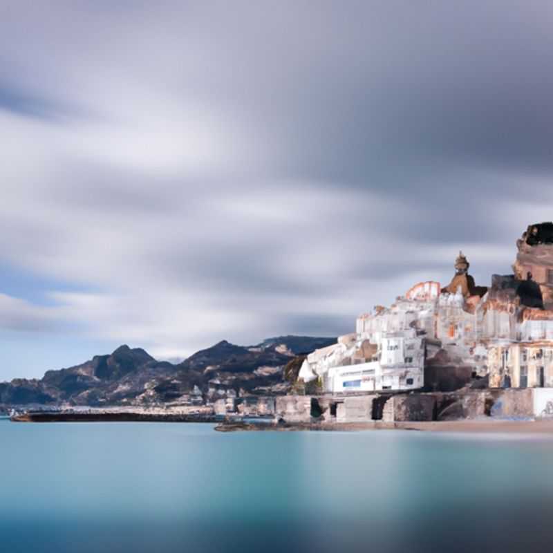 A family with children bundled in winter attire, strolling along the picturesque promenade of Amalfi, Italy, with the iconic Duomo di Amalfi cathedral perched atop a majestic cliff in the background, during their memorable 4-day winter getaway.