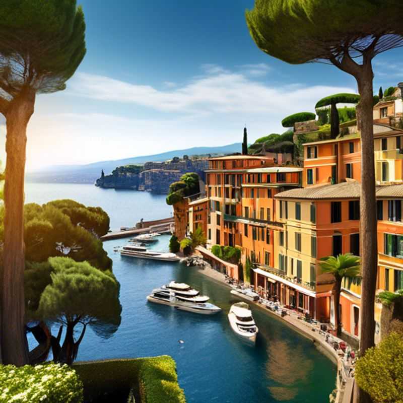 A stunning view of the picturesque harbor of Portofino, Italy, featuring colorful waterfront buildings nestled against a backdrop of lush green hills, showcasing the luxurious charm of this upscale coastal destination.