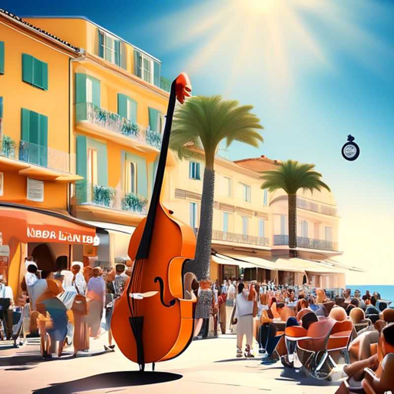 A lone traveler, The Festivalgoer, strolling along the sun-dappled Promenade des Anglais in Nice, France, taking in the vibrant fall foliage and the lively energy of the coastal city during their one-week adventure.