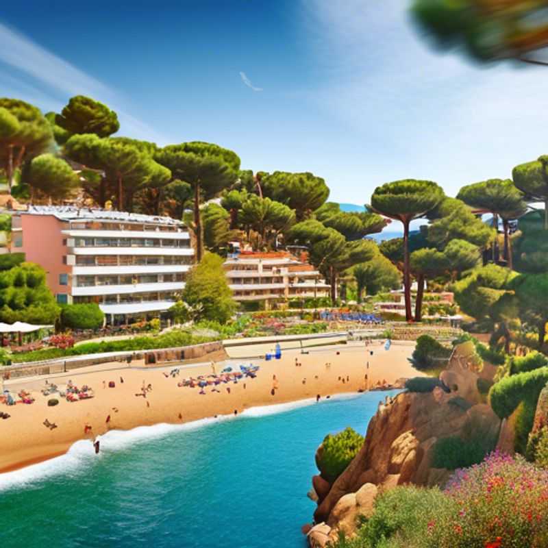 A solo traveler, The Wellness Traveler, strolling along the picturesque seaside promenade of Lloret de Mar, Spain, surrounded by the vibrant hues of autumn, as they embark on a 2-week journey of rejuvenation and self-discovery.