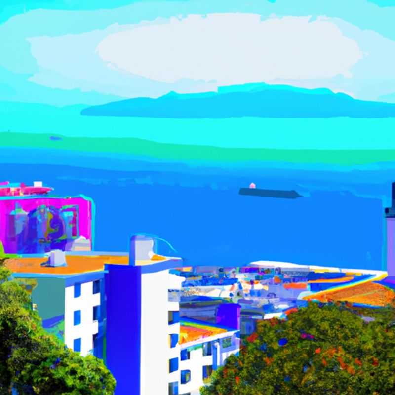 A solo traveler stands on the historic and dramatic cliffs of Gibraltar, gazing out at the azure waters of the Mediterranean Sea. The iconic Rock of Gibraltar, a towering limestone monolith, stands sentinel in the distance, shrouded in a delicate spring mist. The traveler is surrounded by the vibrant colors of wildflowers, adding a touch of beauty to the rugged landscape.