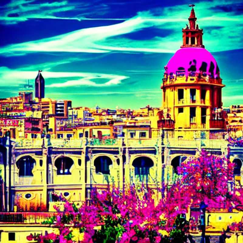Valencia, Spain basking in the spring sunshine: vibrant flowers, bustling city streets, and the azure Mediterranean Sea hinting at seaside adventures.