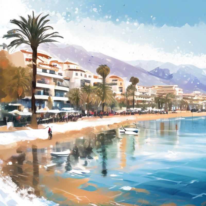 A solo traveler, the Gap Year Adventurer, strolling along the picturesque promenade of Marbella, Spain, taking in the sun-drenched coastal charm during their 4-day winter getaway.