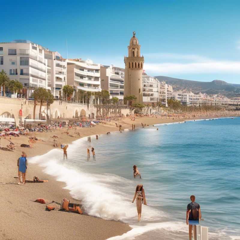 A solo traveler strolling along the charming seaside promenade of Sitges, Spain, taking in the vibrant colors and lively atmosphere of this picturesque Mediterranean town during a spontaneous 2-week spring getaway.
