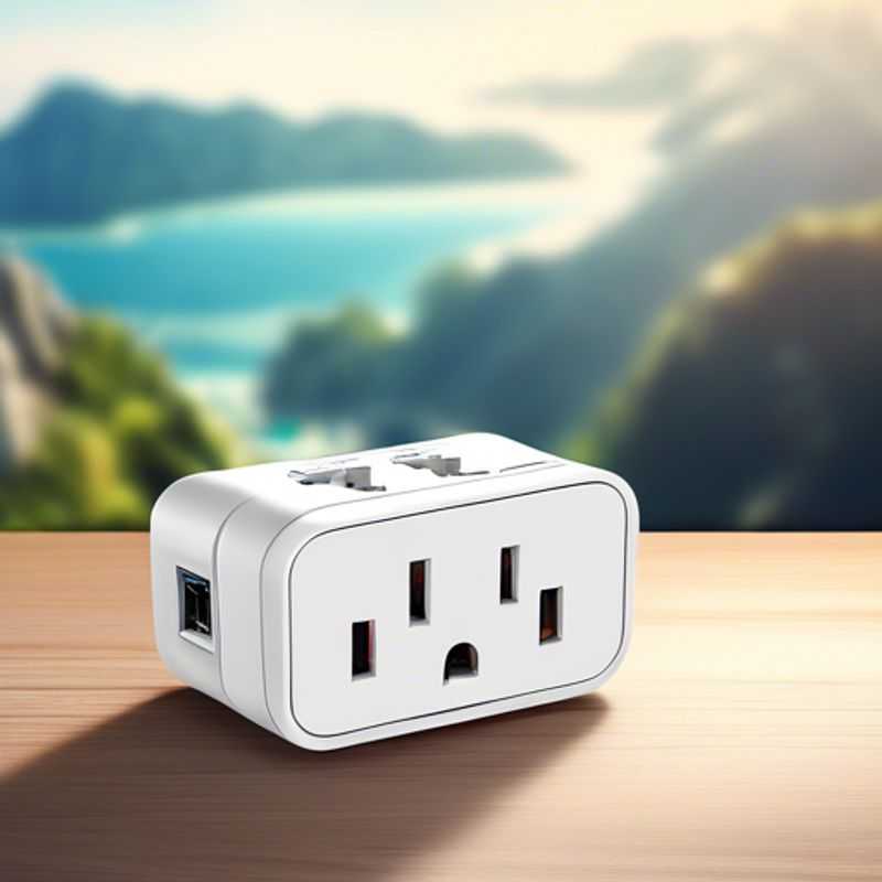 A travel adapter plugged into a wall outlet, ready for use.