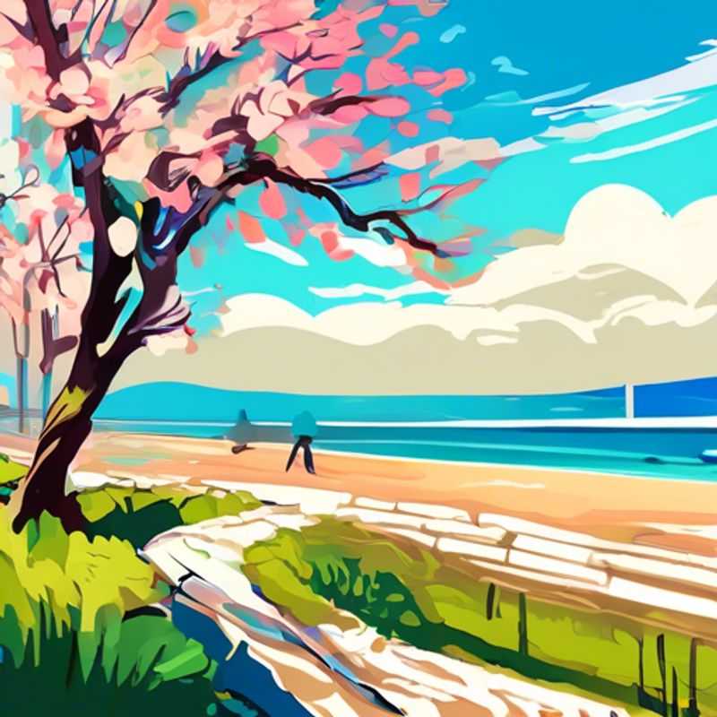 Two wellness-focused travelers strolling along the picturesque seaside promenade in Burgas, Bulgaria, soaking in the rejuvenating sea air and vibrant springtime atmosphere during their 2-week retreat.