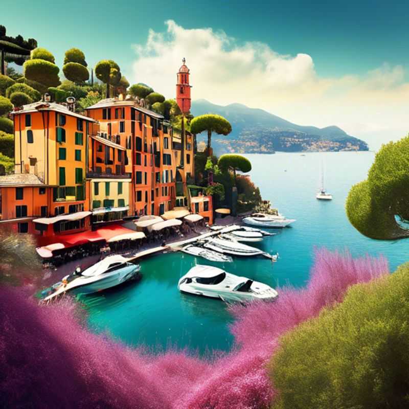 A stunning view of the picturesque harbor of Portofino, Italy, featuring colorful waterfront buildings nestled against a backdrop of lush green hills, showcasing the luxurious charm of this upscale coastal destination.