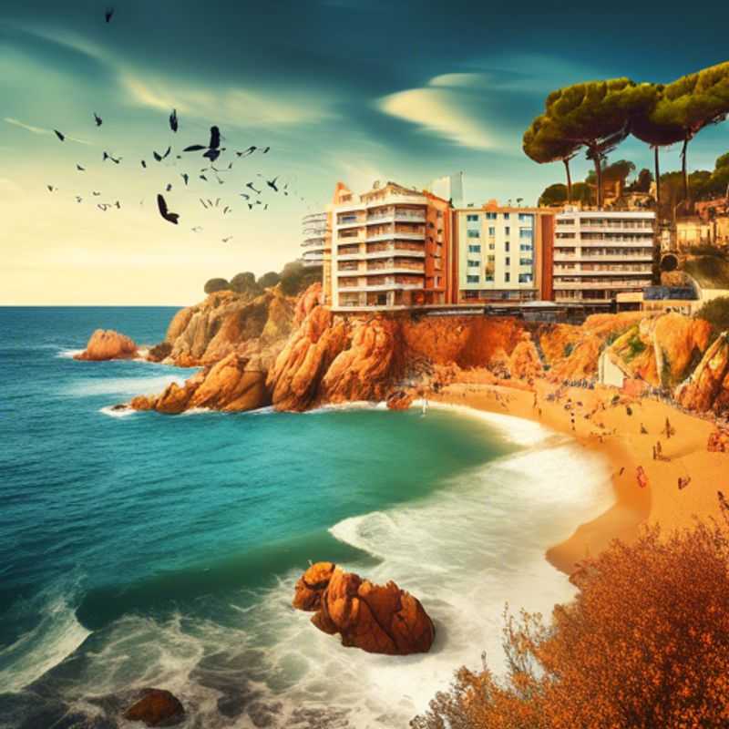 A solo traveler, The Wellness Traveler, strolling along the picturesque seaside promenade of Lloret de Mar, Spain, surrounded by the vibrant hues of autumn, as they embark on a 2-week journey of rejuvenation and self-discovery.