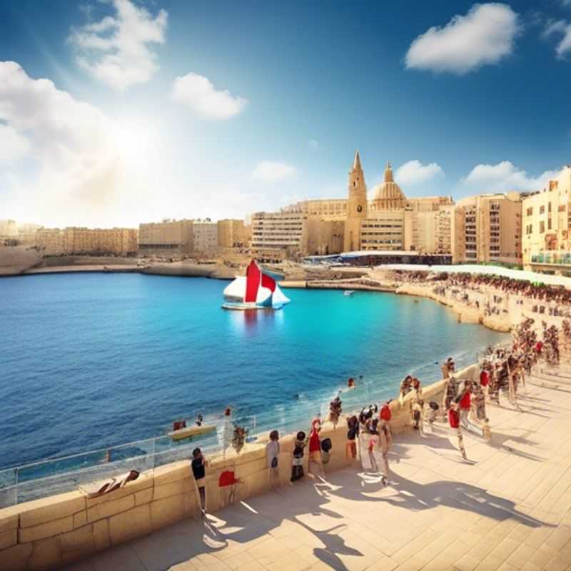 Two vibrant festivalgoers strolling along the charming seaside promenade of Sliema, Malta, soaking in the lively atmosphere and mild winter weather during their 2-week adventure.