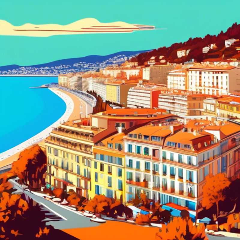 A lone traveler, The Festivalgoer, strolling along the sun-dappled Promenade des Anglais in Nice, France, taking in the vibrant fall foliage and the lively energy of the coastal city during their one-week adventure.