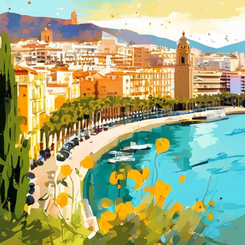 Three couples, The Romantic Travelers, strolling hand-in-hand along the picturesque seaside promenade of Malaga, Spain, basking in the warm embrace of the spring sun during their 5-day getaway.