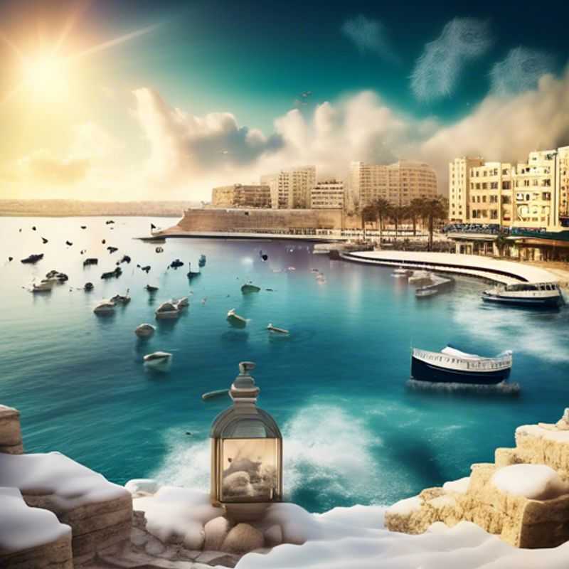 Two vibrant festivalgoers strolling along the charming seaside promenade of Sliema, Malta, soaking in the lively atmosphere and mild winter weather during their 2-week adventure.