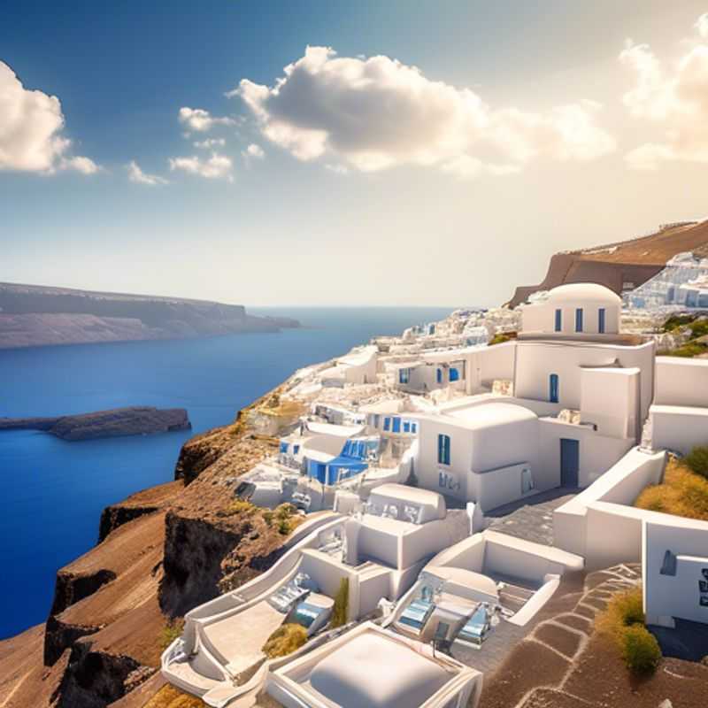 Three business travelers taking in the breathtaking views of Santorini's iconic white-washed buildings and azure waters, finding respite from their hectic schedules during a whirlwind 24-hour visit in the Greek island's springtime splendor.