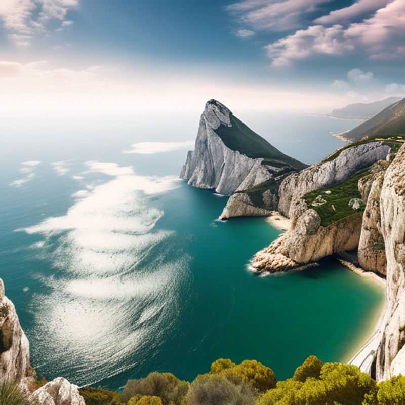 Un voyageur solitaire, L'Aventurier, se tenant fièrement devant le rocher emblématique de Gibraltar, prêt à explorer les mystères et les légendes de ce lieu unique lors de son séjour de trois semaines au printemps.