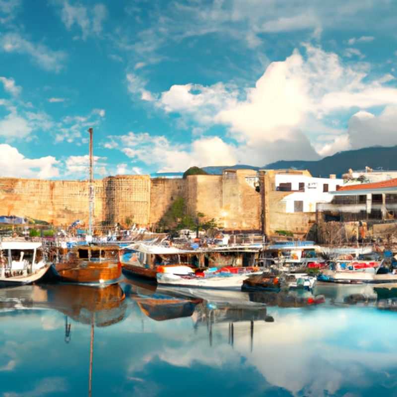 A solitary traveler stands on the ancient harbor wall of Kyrenia, Northern Cyprus, gazing out at the tranquil turquoise waters and distant mountains. The traveler is enjoying a 5-day spring sojourn in this enchanting city, steeped in history and natural beauty.