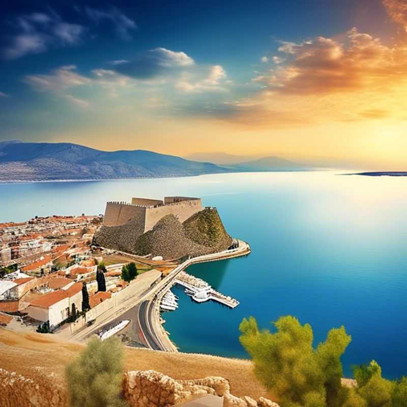Une vue panoramique de la vieille ville de Nafplio, en Grèce, avec ses maisons colorées et son château médiéval perché sur une colline, capturée par un voyageur solo lors de son séjour de 4 jours dans cette destination estivale.