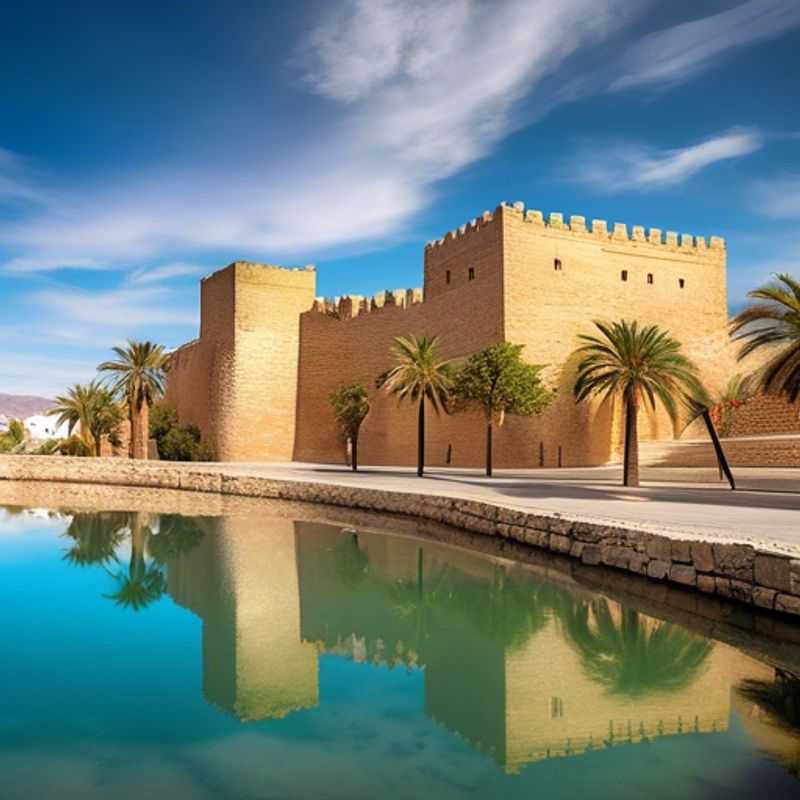 Two wellness-focused travelers stand in awe before the stunning Moorish architecture of Almería, Spain, their winter retreat filled with cultural immersion and restorative experiences.