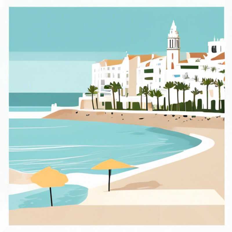 A solo traveler strolling along the charming seaside promenade of Sitges, Spain, taking in the vibrant colors and lively atmosphere of this picturesque Mediterranean town during a spontaneous 2-week spring getaway.