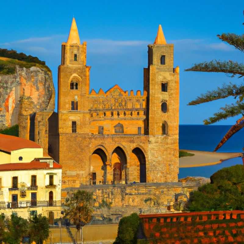 A solitary traveler marvels at the majestic silhouette of Cefalù Cathedral, its honey-hued facade standing tall against the azure winter sky of Cefalù, Italy, during their weeklong solo sojourn.